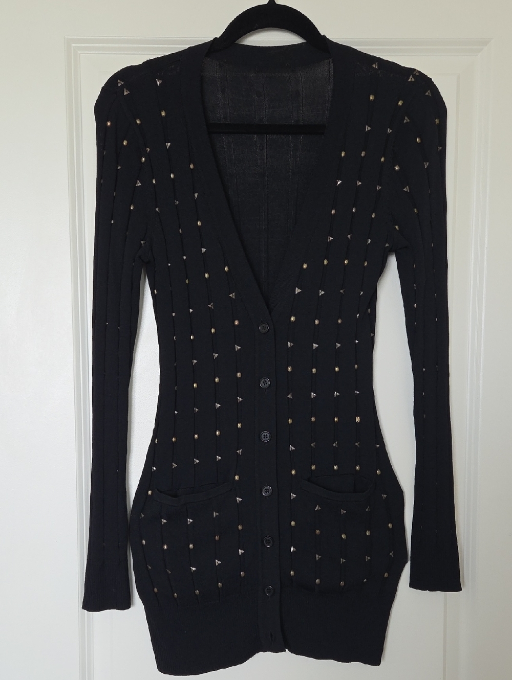 Black Studded V-Neck Long Cardigan Sweater
